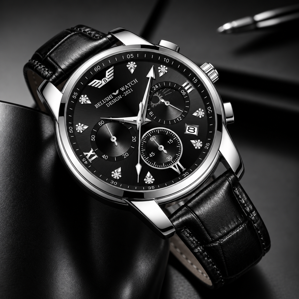 Belushi Midnight Prestige Chronograph – Luxury Black Leather Watch