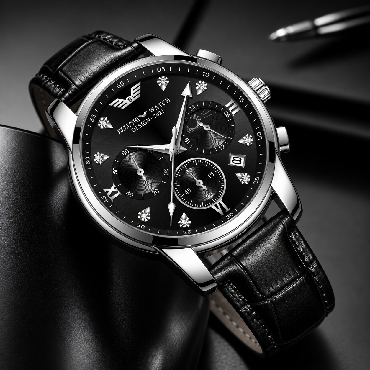 Belushi Midnight Prestige Chronograph – Luxury Black Leather Watch