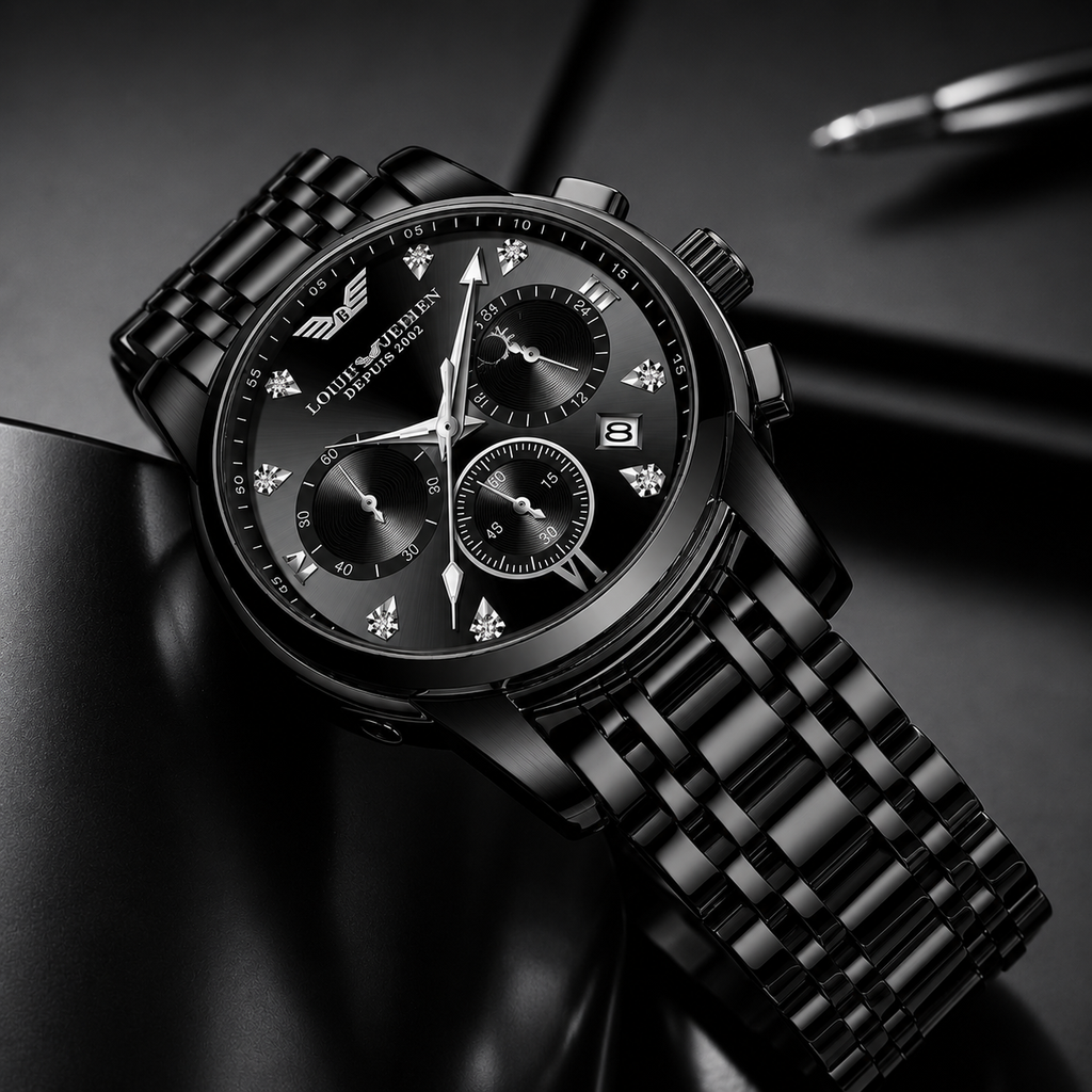 LOUIE JULENE Midnight Royale Chronograph – Premium Black Steel Luxury Watch for Men