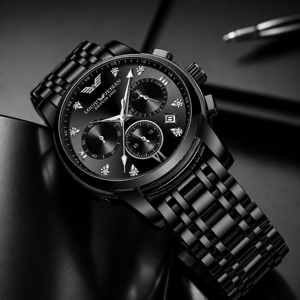LOUIE JULENE Midnight Royale Chronograph – Premium Black Steel Luxury Watch for Men