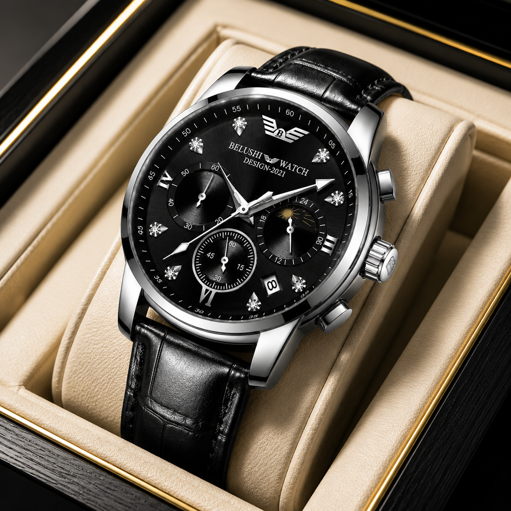 Belushi Midnight Prestige Chronograph – Luxury Black Leather Watch