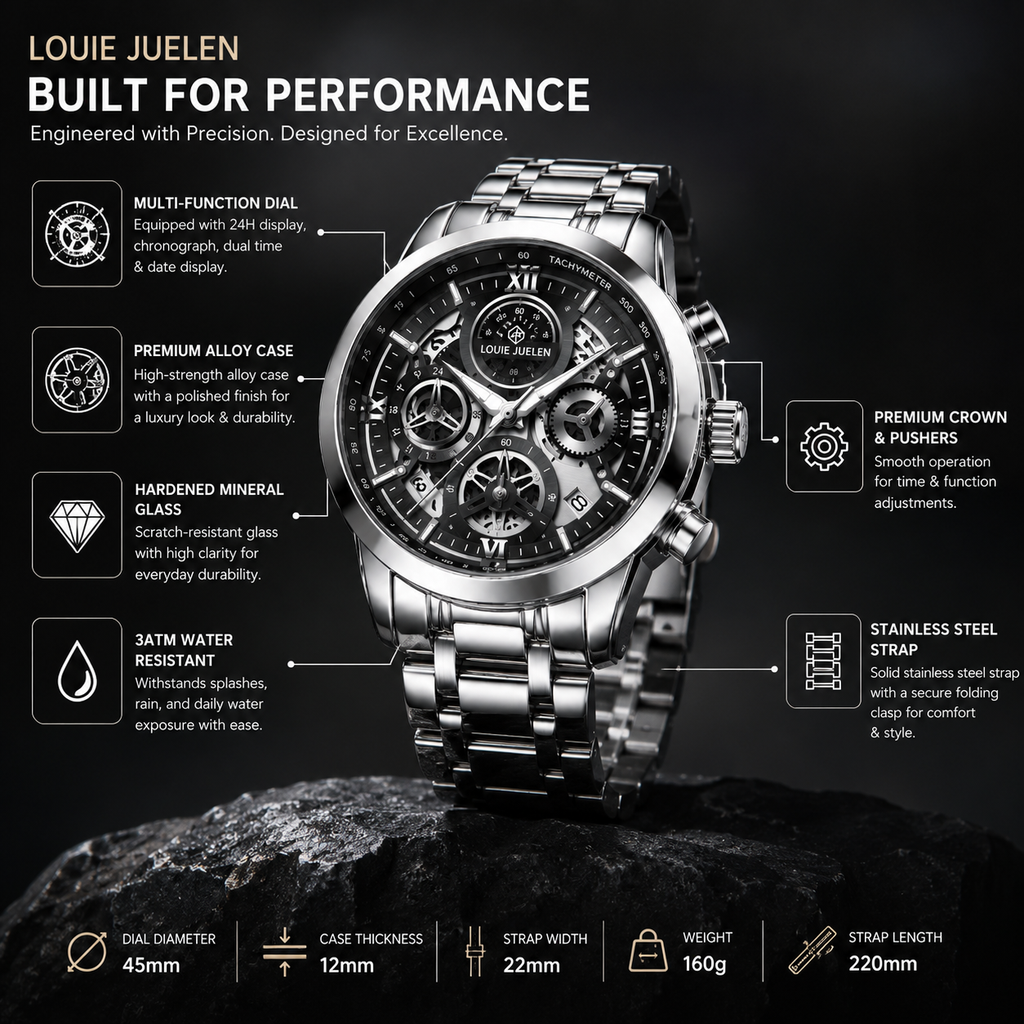 Louie Julene Emerald Royal Chronograph –  Black & Silver Watch