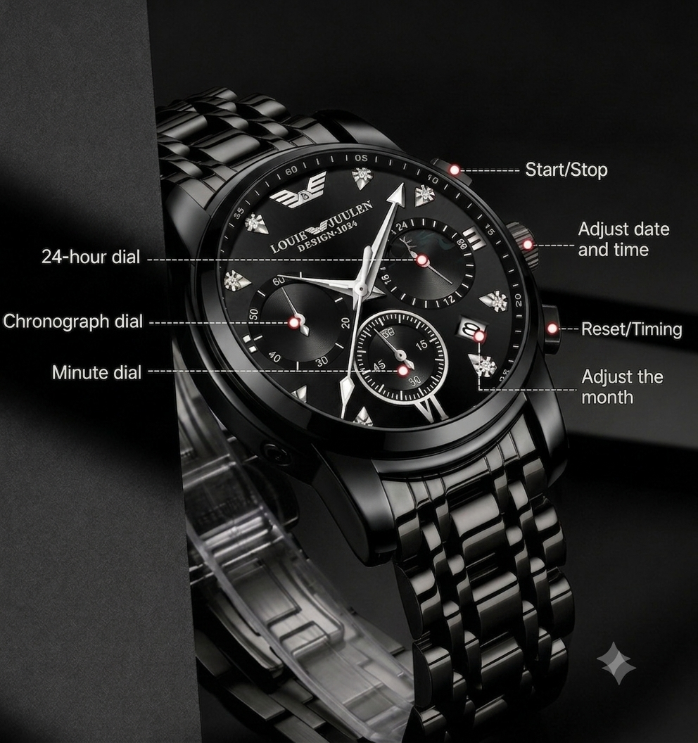 LOUIE JULENE Midnight Royale Chronograph – Premium Black Steel Luxury Watch for Men