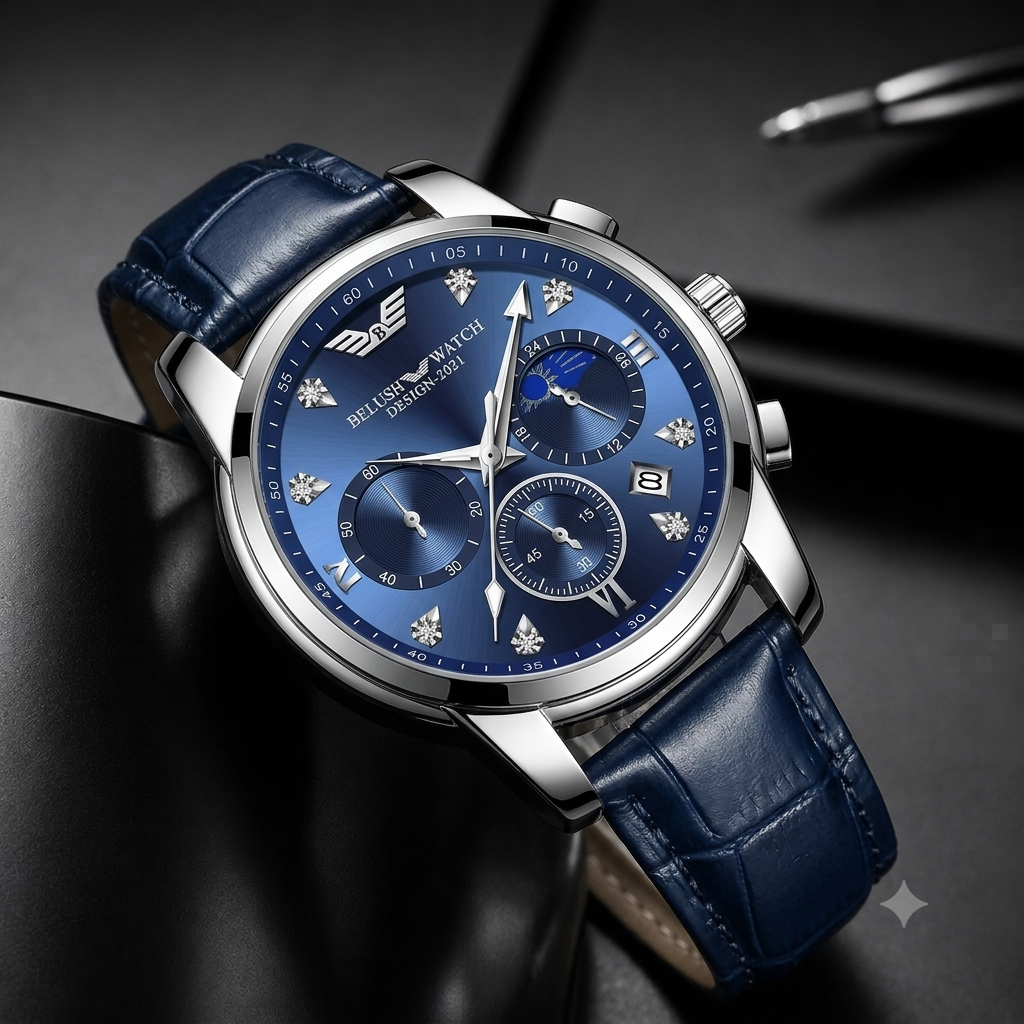 Louie Juelen Celestial Chronograph-Style Men’s Quartz Watch (leather band)