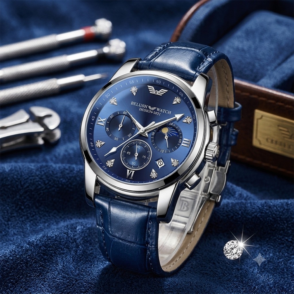 Louie Juelen Celestial Chronograph-Style Men’s Quartz Watch (leather band)