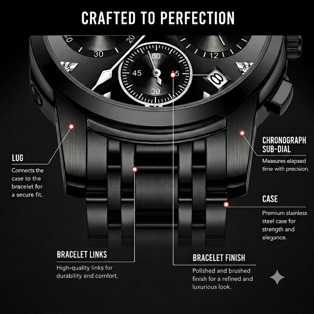 LOUIE JULENE Midnight Royale Chronograph – Premium Black Steel Luxury Watch for Men